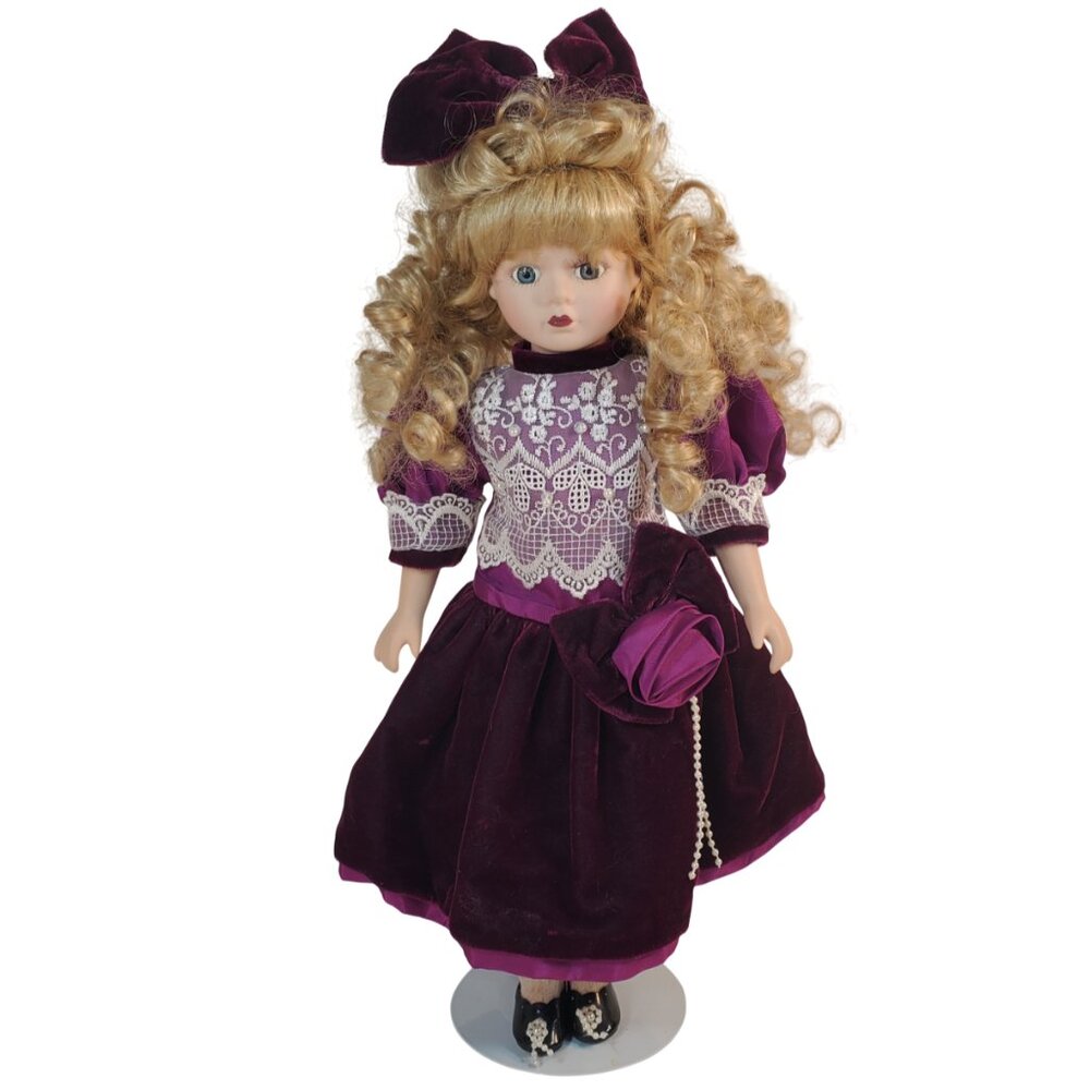 16" Porcelain Doll with Stand Dressed in Purple by The Brass Key, Inc